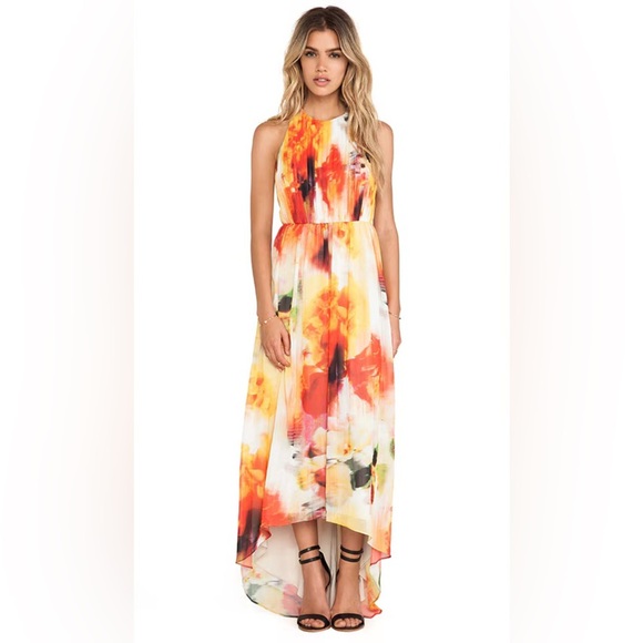 Alice + Olivia Ryan High Neck Leather T-Back Maxi Dress in Sunset Blur - Picture 1 of 9